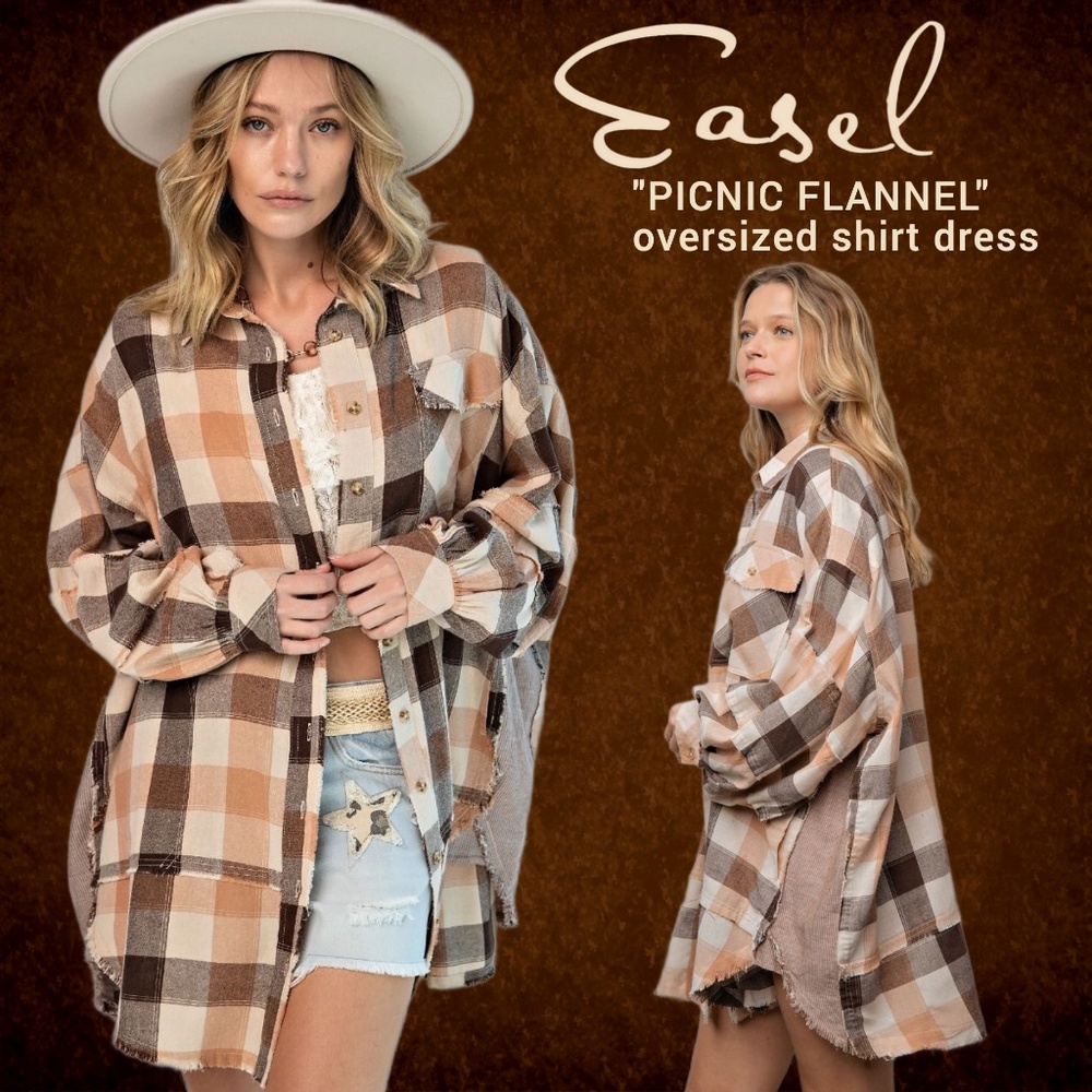EASEL "Picnic Flannel" Oversize Cotton Shirt Dress Bubble Sleeve Pockets Frayed